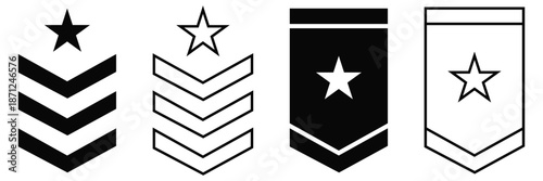 Military Rank Badge Icon Set – Editable Stroke Chevron Emblems in Simple Flat Line 
Vector Style