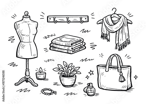 Vintage fashion and accessory collection with mannequin and decorative items