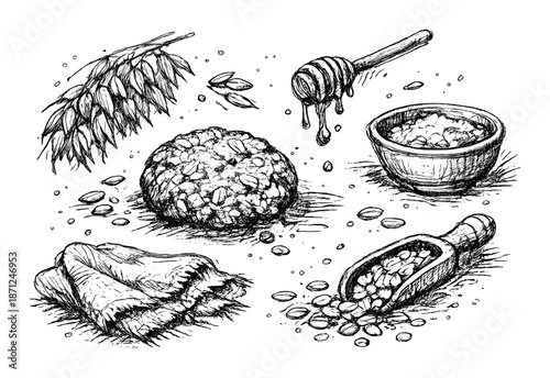 Rustic oatmeal and honey sketch with grains and fiber elements