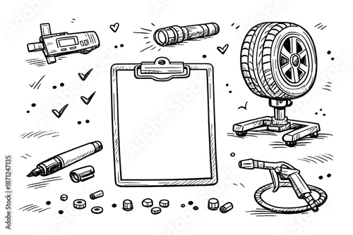 Hand-drawn automotive tools with tire, flashlight, marker, and clipboard