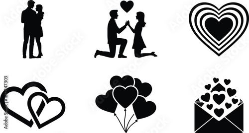 Set of 6 romantic silhouette icons including couple, heart balloons, broken heart, and love letter, ideal for Valentine designs.