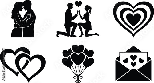 Set of 6 romantic silhouette icons including couple, heart balloons, love letter, and proposal, ideal for Valentine’s designs.