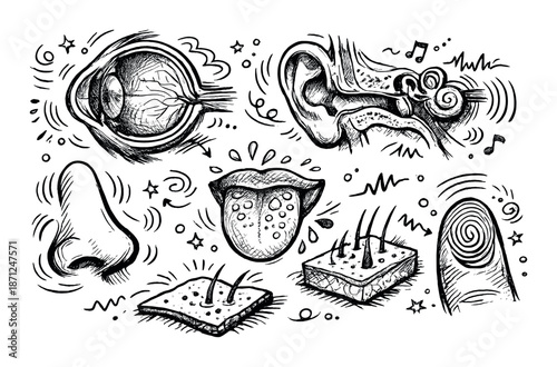 Hand-drawn illustrations of human senses: vision, hearing, taste, smell, touch