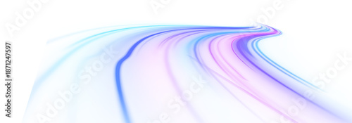Futuristic purple, blue neon laser streaks ripple across city roads. Glowing wave trails, motion lines, and energy swirls create dynamic traffic flow and road speed. Vector illustration PNG.