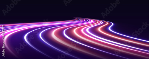 Glowing neon laser streaks twist along urban highways. Motion trails, energy waves, and line swirls create dynamic futuristic traffic visuals. Vector illustration.