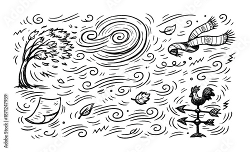 Monochrome wind-themed illustration with weather elements and swirling patterns