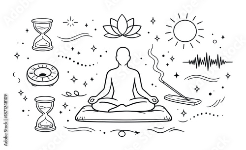Meditation silhouette surrounded by symbols of calm and reflection in black and white design