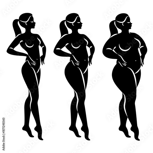 Collection. Silhouette of a beautiful woman figure. The lady is standing. The girl is thin, slender, and the woman is fat. Set of vector illustrations