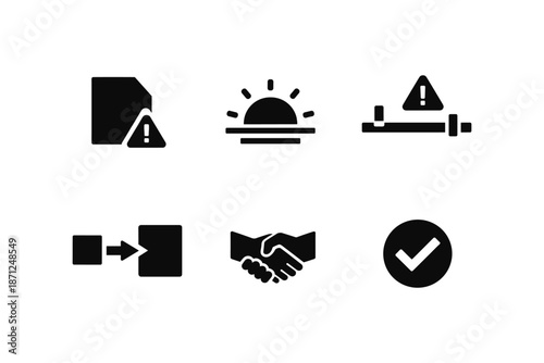 Minimalist icons: alert, sunset, handshake, checkmark, warning, merge