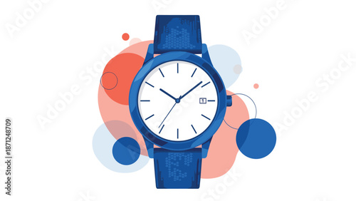 Stylish blue analog wristwatch with a white face and date display set against an abstract geometric background with circles.