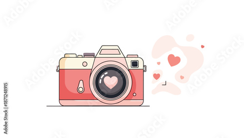 Pink camera with heart lens and floating hearts on white background photography love