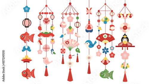 Collection of colorful traditional Japanese hanging doll ornaments or tsurushihina used for the Hinamatsuri festival.