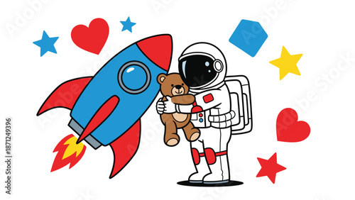 A colorful illustration of an astronaut holding a teddy bear and standing next to a rocket ship with hearts and stars around them.