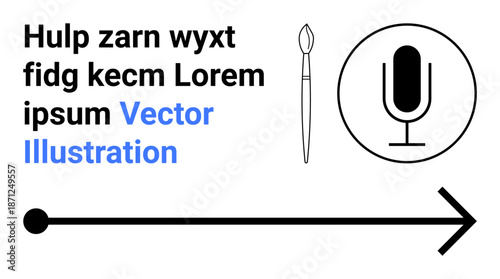 Communication, creativity, audio recording, artistic tools, direction, design. The image features a microphone icon, a paintbrush an arrow and placeholder text. Communication and creativity concept