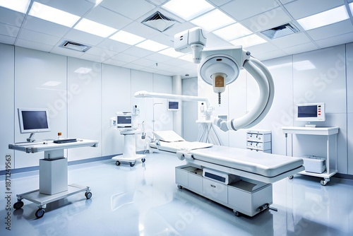 Sterile surgical room with advanced medical equipment, including C-arm imaging system and operating table, ideal for healthcare and clinical technology themes