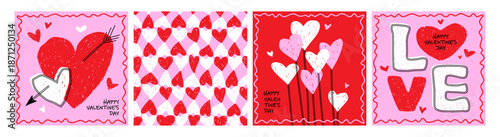 Valentine's Day square hand drawn doodle greeting cards set. Love and romance conceptual design.