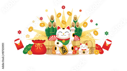 Festive scene featuring a central maneki-neko surrounded by traditional Japanese lucky symbols like pine, bamboo, and coins.