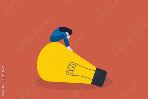 Business woman Feeling Overwhelmed and Depressed Sitting on Large Light Bulb Representing Creative Burnout, Mental Health Issues, and Financial Stress in Entrepreneurship Journey