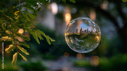 Reflective Orb: Captivating scene of a city skyline is beautifully mirrored within a transparent orb, offering a unique perspective on urban life. 