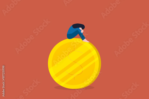 Depressed woman sitting on giant gold dollar coin representing financial crisis debt problems money stress and bankruptcy in global economic recession concept