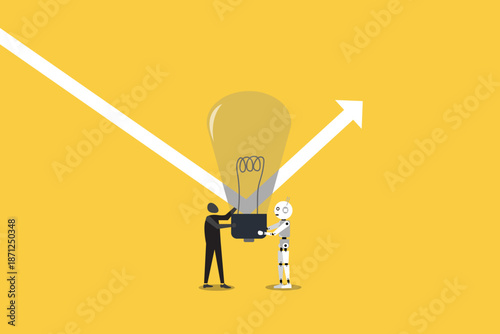 Business Collaboration Concept Between businessman and Artificial Intelligence Robot Holding a Glowing Lightbulb for Innovative Growth Solution and Future Creative Idea Success