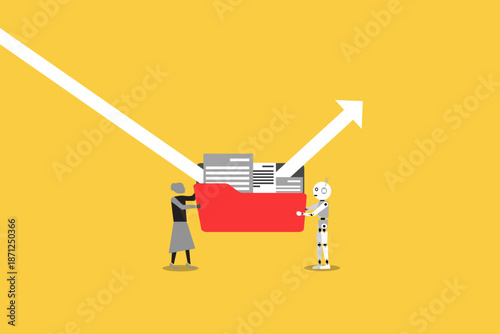 Business Collaboration Concept Representing Human and Robot Working Together Holding a Red Folder to Achieve Growth Success and Financial Recovery with Upward Arrow Background