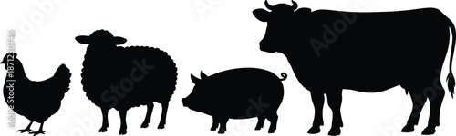 Set of farm animal silhouettes including chicken, sheep, pig, and cow, ideal for agriculture, livestock, and rural-themed designs.