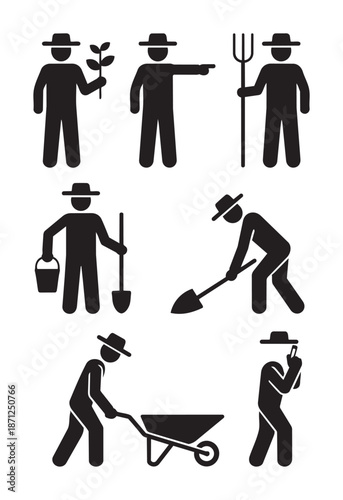 Black silhouettes of farmers working with tools and wheelbarrow