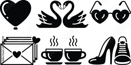 Set of love-themed silhouette icons including swans, heart balloon, coffee cups, and letters, ideal for romantic design projects.