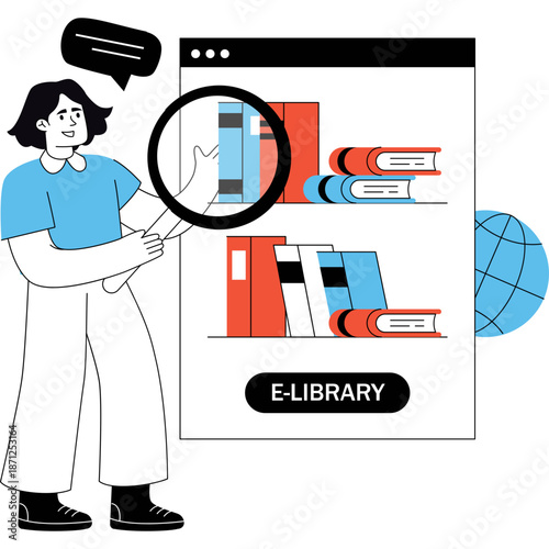 Person using magnifying glass to browse e-library books online