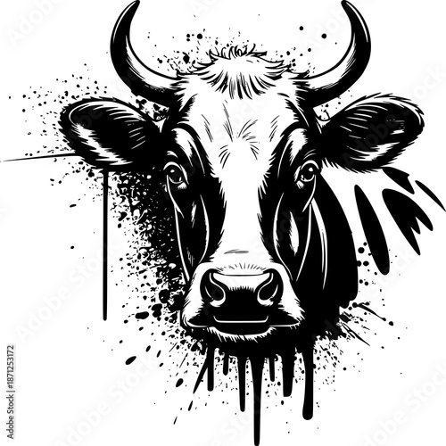 Black and white cow vector illustration on black background with cute cartoon style