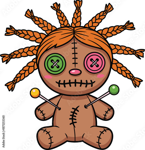 Voodoo doll, cartoon doll, stitched toy, button eyes, spooky cute, Halloween character, creepy plush, pins included, flat vector illustration