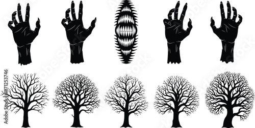 Horror silhouettes, severed hands, monstrous shape, leafless trees, eerie design, dark fantasy, Halloween theme, black elements, flat vector illustration