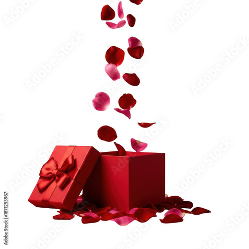 Red gift box with falling rose petals isolated on transparent background