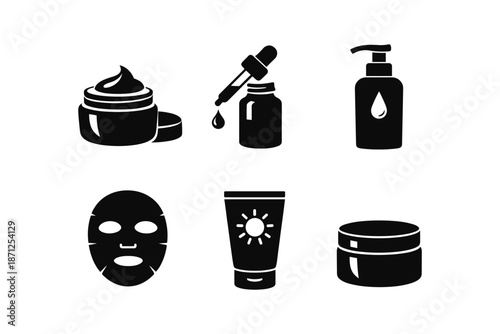 Beauty skincare icon set featuring creams, masks, and serums in black silhouette style