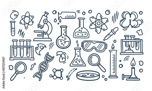 Hand drawn science doodle set featuring chemistry laboratory equipment and biology symbols on white background
