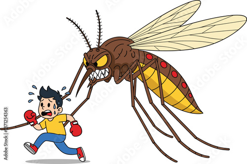 Mosquito attack, cartoon insect, scared person, giant bug, humorous chase, disease threat, panic scene, boxing gloves, flat vector illustration