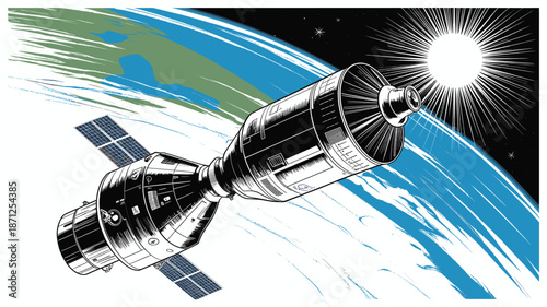 A vector graphic illustration of a spacecraft in orbit around Earth with the sun shining brightly in space.
