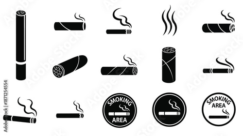 Variety of cigarette and cigar icons with smoking area signs silhouette