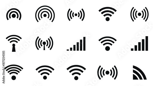 Collection of various black wifi signal strength icons in a minimalist silhouette