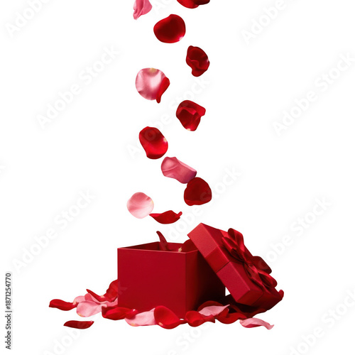 Red gift box with falling rose petals isolated on transparent background