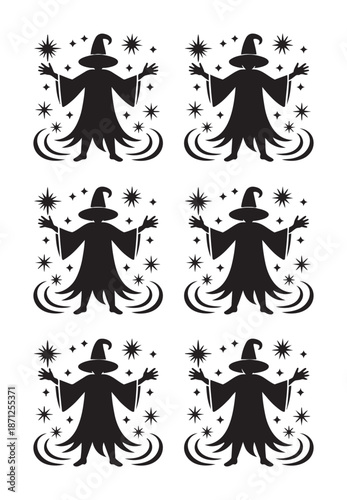 Black silhouettes of witches with stars and crescent moons