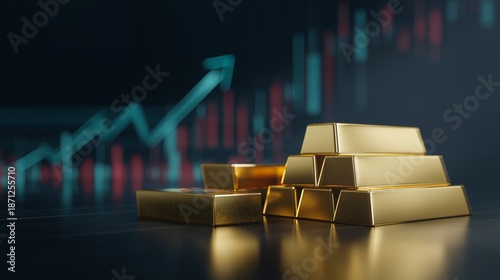 Gold bars stacked in the foreground represent financial security and asset preservation during market growth. Investment strategy, capital protection, inflation hedge, and economic performance concept