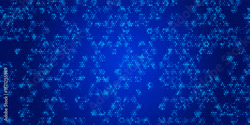 Blue glowing hexagon texture. Abstract neon hexagonal grid wallpaper. Navy honeycomb pattern backdrop. Vector modern technology, business, science, healthcare, medicine, presentation design background