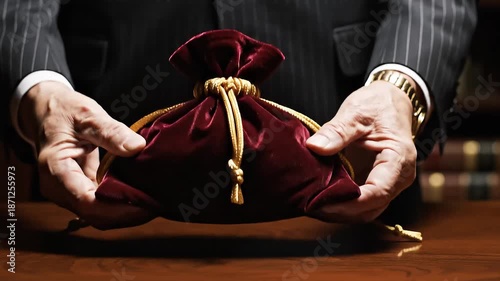 Hands holding money bag with drawstring, investment and capital concept