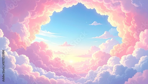 Ethereal sunrise through a soft border of pastel pink and purple clouds
