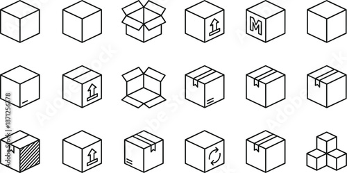 Large collection of cardboard box and delivery package icons in thin line outline style for logistics and shipping.