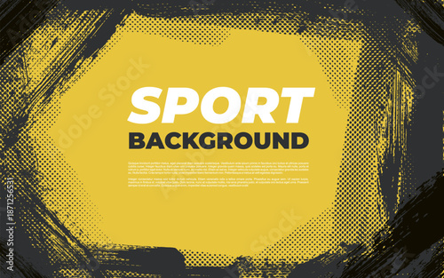 Scratchy grunge texture banner background with dynamic frame. Sporty punk design featuring halftone dots, rough brush strokes. Vector grunge poster texture urban, music, sport, edgy graphic design.