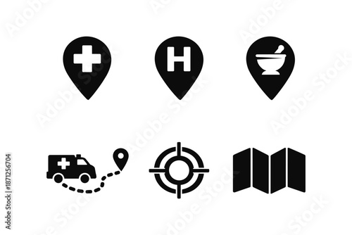 Medical location icons: hospitals, pharmacies, ambulance routes in simple silhouette