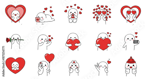Cute Cartoon Characters Showing Love Holding Hearts Blowing Kisses for Valentine's Day Romance and Marketing